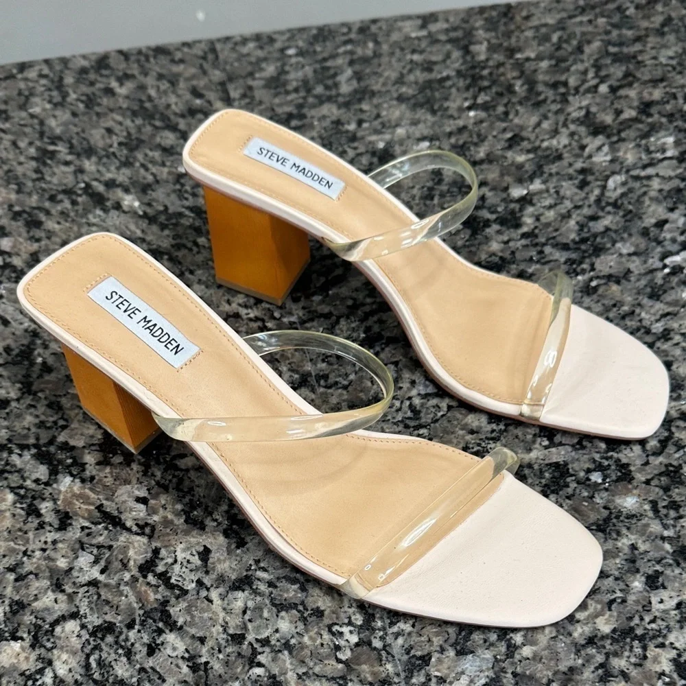 Steve Madden Clear and Nude Block Heel Sandals NWT 13